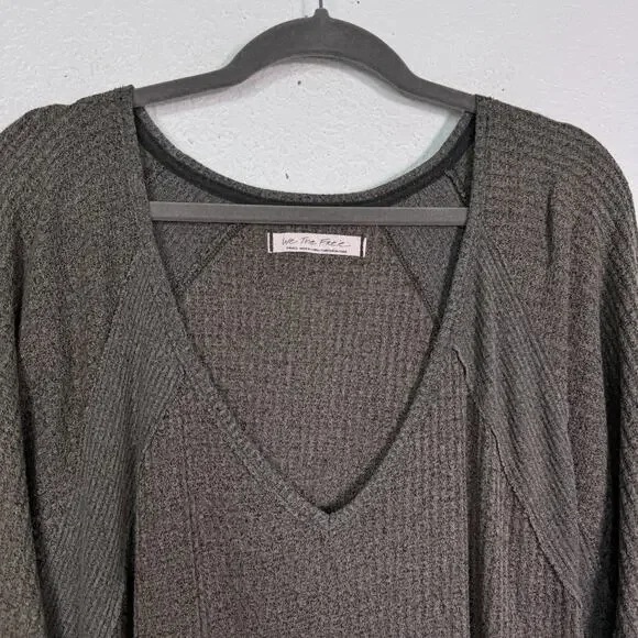 Free People Santa Clara Thermal Top Women Small Oversize Waffle Knit Vneck Green - Picture 4 of 10